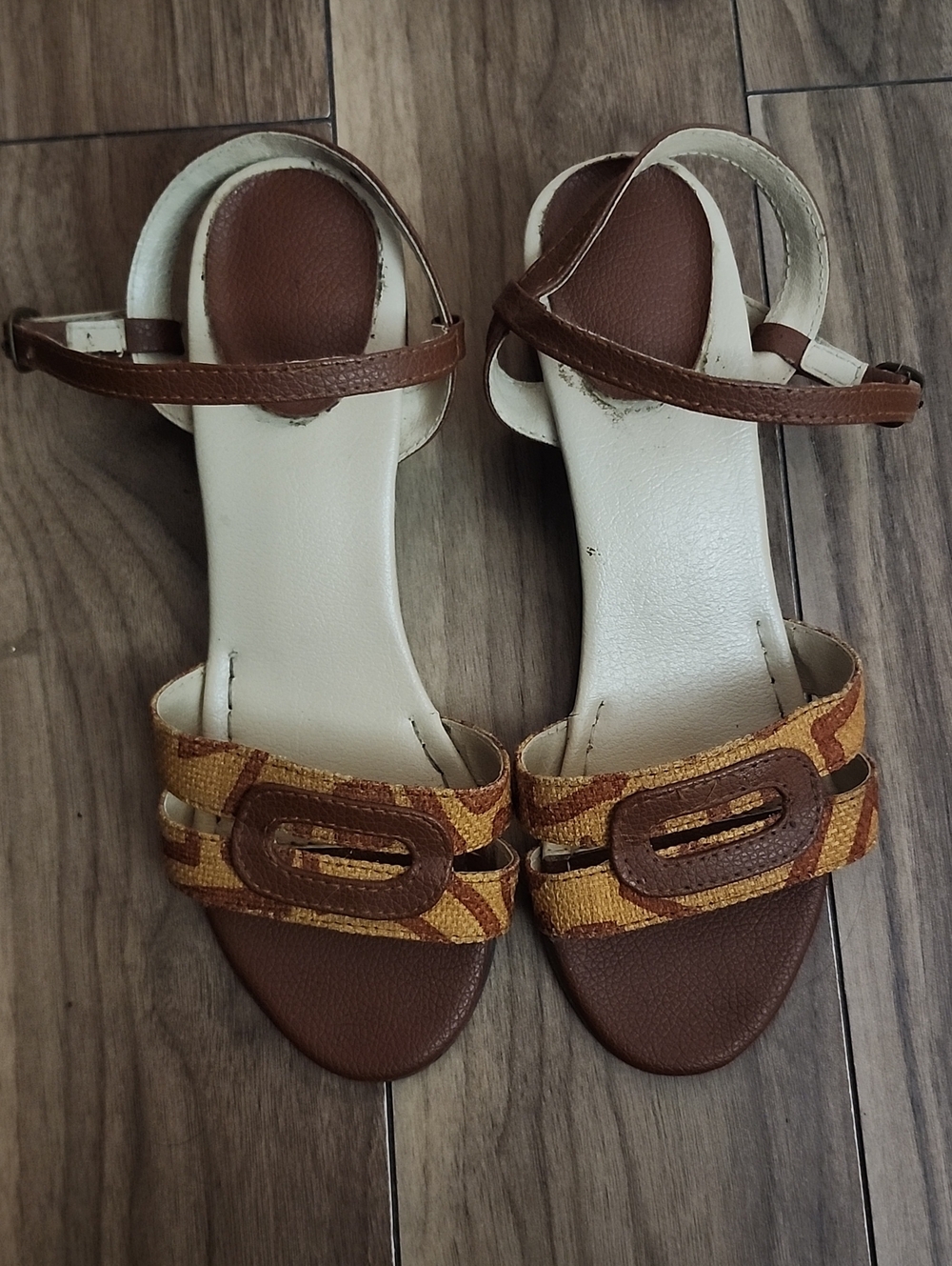 Vintage Ankle-Strap Sandals Brown and Mustard Low Block Heel